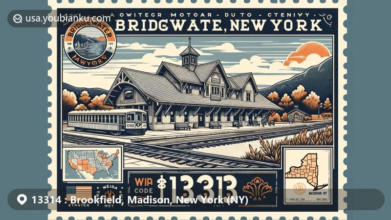 Quaint illustration of Brookfield, Madison County, New York, representing ZIP code 13314, featuring Brookfield Railroad State Forest, Beaver Creek, and historic hamlet, combining natural beauty, historical landmarks, and postal elements in a harmonious blend.