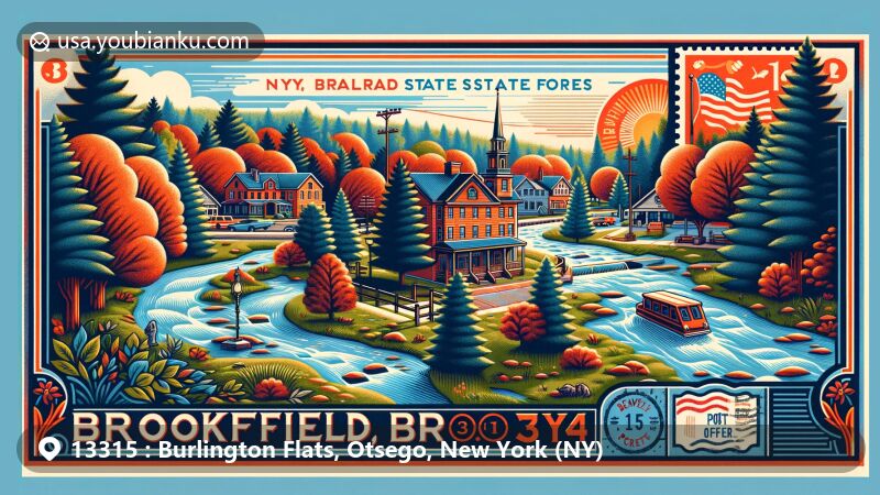 Vivid illustration of Burlington Flats, Otsego County, New York, blending modern postal elements like postcards and stamps with local rural charm, paying homage to Baseball Hall of Famer William Hulbert.