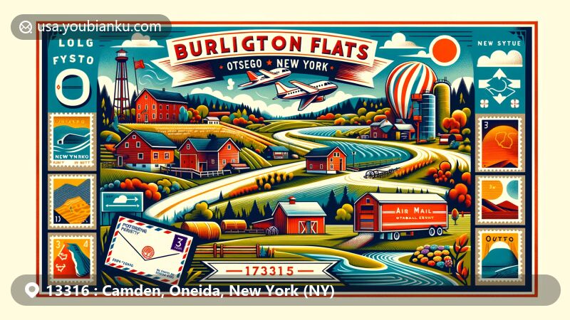 Modern illustration of Camden, NY 13316, capturing the village's picturesque landscape and small-town charm, set in the foothills of America, featuring the W.H. Dorrance House and Carriage House Museum, with a vintage air mail envelope showcasing New York state symbols.