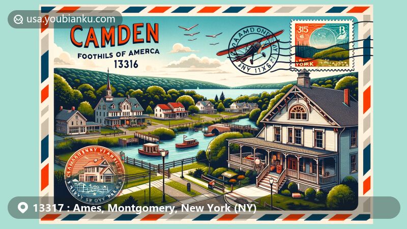 现代插图展示了纽约州蒙哥马利县Ames村，美国邮政编码13317的特色。重点描绘了Ames Academy Building，代表着村庄的历史遗产，结合了蒙哥马利县和纽约州的标志性元素，以及邮政主题，如邮票、邮政编码和航空信封边缘。色彩丰富、吸引人，捕捉了Ames村社区精神和风景之美。