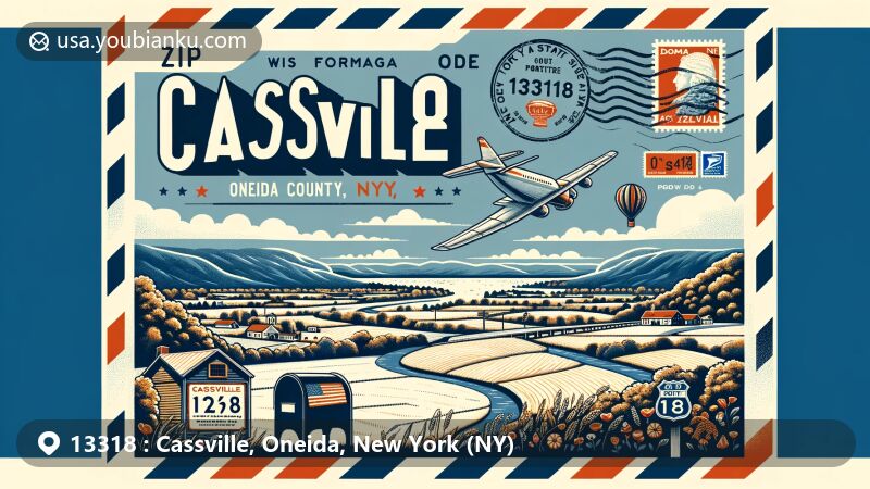 Modern illustration of Cassville, Oneida County, New York, showcasing postal theme with ZIP code 13318, featuring New York State Route 8 and rural landscapes, blending postal elements like stamps and postmarks, enhancing visual identity and postal culture experience.