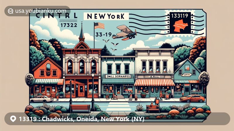 Modern illustration of Chadwicks, New York, showcasing small-town charm with friendly atmosphere, small shops, restaurants, and parks, integrating postal elements like vintage postcards and air mail designs featuring ZIP code 13319, postal stamp, and postmark.