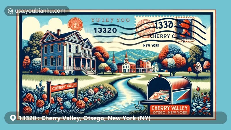 Modern illustration of Cherry Valley, Otsego County, New York, showcasing postal theme with ZIP code 13320, featuring Cherry Valley Village Historic District and Cherry Valley Creek.