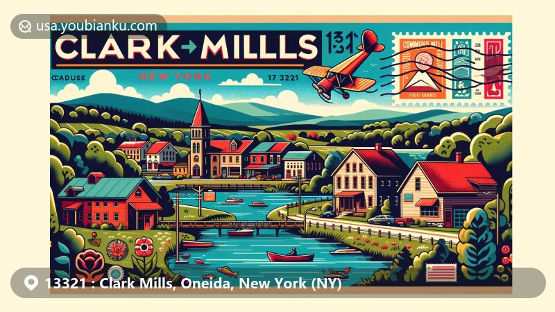 Modern illustration of Clark Mills, New York, capturing rural charm, community spirit, and natural beauty, with postal theme featuring ZIP code 13321 and outdoor activity symbols.