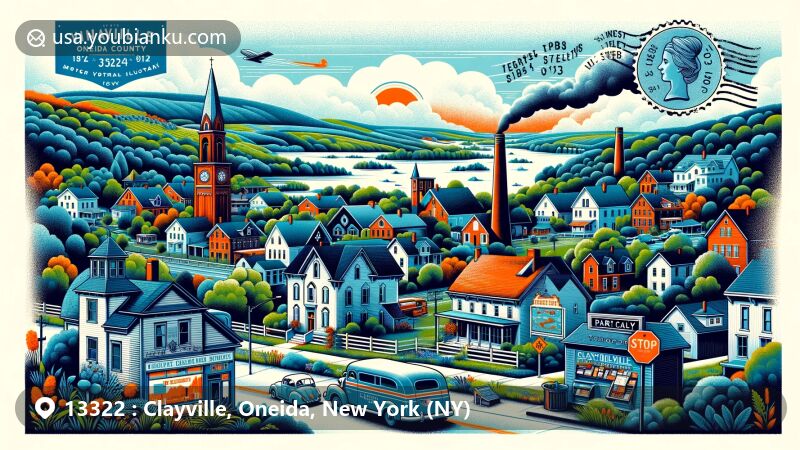 Modern illustration of Clayville Village, Oneida County, New York, highlighting postal theme with ZIP code 13322, featuring historical references like Paris Furnace, Henry Clay, and vintage postal elements.