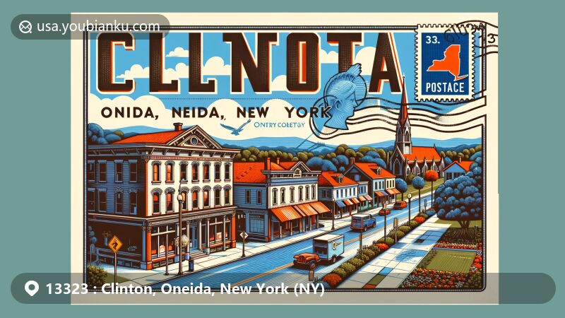 Modern illustration of Clinton, Oneida County, New York, highlighting postal theme with ZIP code 13323, featuring historical landmarks, notable figures, and hockey heritage.