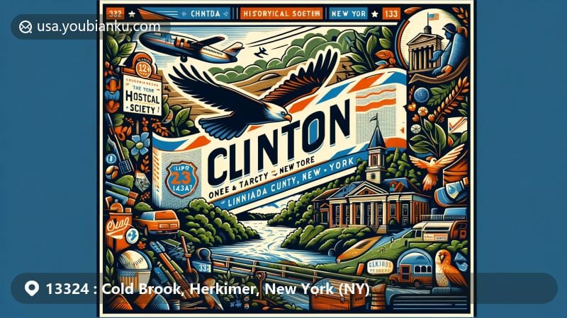 Modern illustration of Cold Brook area in Herkimer County, New York, highlighting postal theme with ZIP code 13324, featuring historic Cold Brook Feed Mill and NY state symbols.