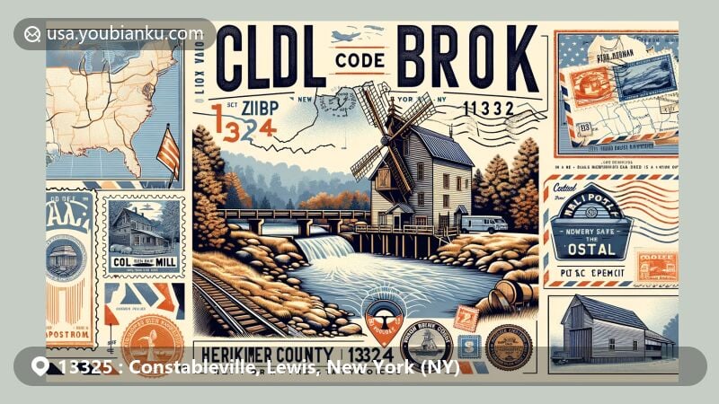 Modern illustration of Constableville Village Historic District in Lewis County, New York, featuring Victorian architecture, Sugar River, and 19th-century charm, with a vintage postage stamp showcasing Constable Hall and highlighting ZIP code 13325.