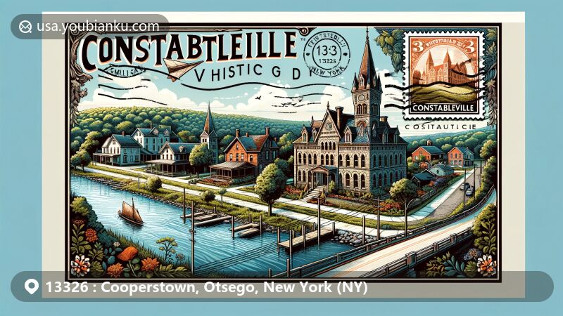 Modern illustration of Cooperstown, Otsego, New York, capturing regional and postal elements with baseball Hall of Fame, Otsego Lake, and Hyde Hall, designed in postcard style featuring ZIP code 13326 and New York state flag.
