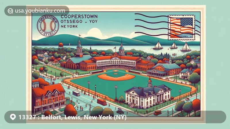 Modern illustration of Belfort area, Lewis County, New York, highlighting scenic Belfort Pond with natural elements and postal theme, featuring vintage postcard design and ZIP code 13327.