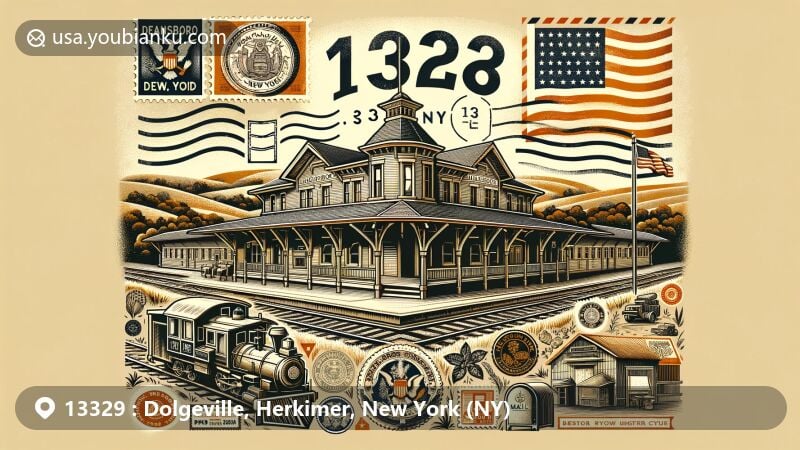 Contemporary illustration of Dolgeville, Herkimer County, New York, showcasing vibrant African violets and orchids, East Canada Creek, Dolgeville Company Factory Complex, and vintage postage stamp design, representing local culture and history.