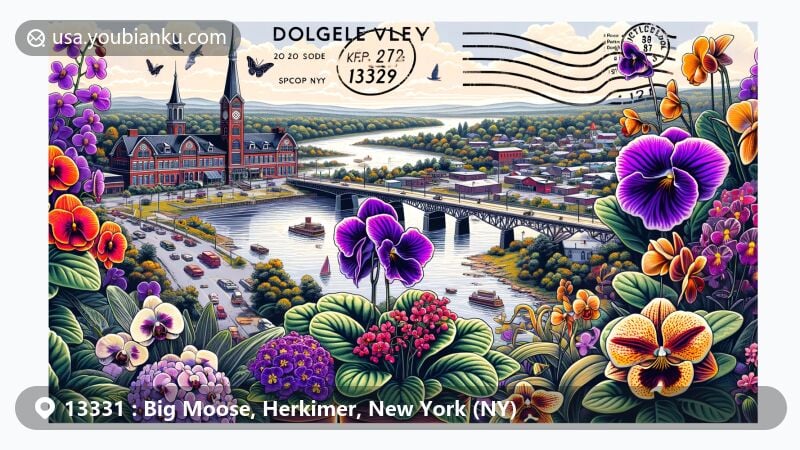 Modern illustration of Big Moose Lake, Herkimer County, New York, featuring Big Moose Community Chapel with Late Gothic Revival and Adirondack architectural elements, postal theme with vintage air mail envelope and ZIP code 13331.