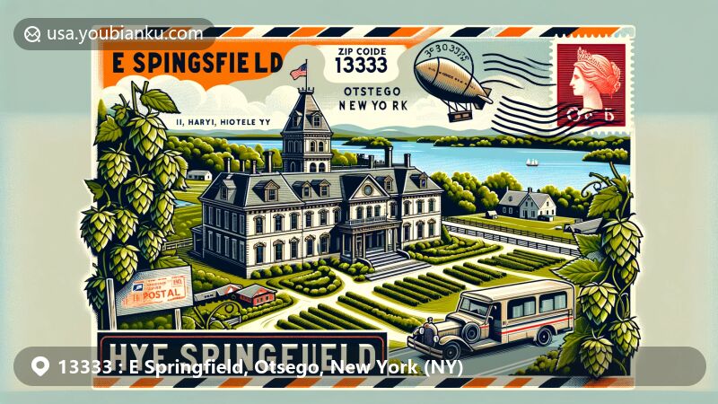 Modern illustration of E Springfield, Otsego County, New York, highlighting postal theme with ZIP code 13333, featuring Hyde Hall and hop imagery.
