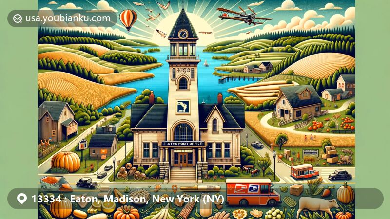 Modern illustration of Eaton, NY, in Madison County, featuring whimsical Eaton post office resembling a lighthouse amidst rolling hills, lush forests, serene lakes, and farm fields showcasing crops and dairy products.