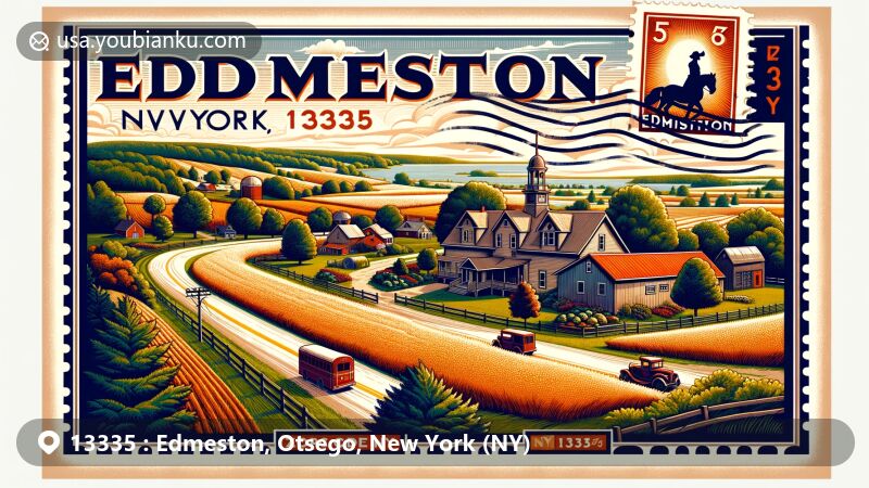 Modern illustration of Edmeston, New York, showcasing postal theme with ZIP code 13335, featuring rural landscape, agriculture heritage, Edmeston Museum, and postal elements in a postcard-like design.