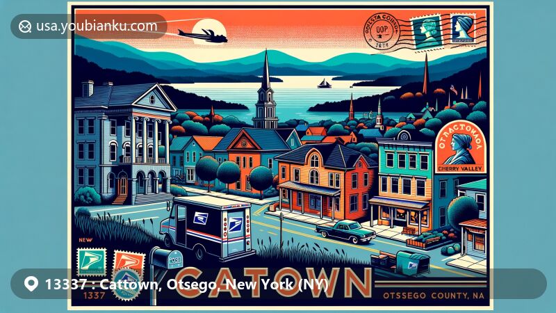Modern illustration of Cattown, Otsego, New York, blending geographical features and postal theme with diverse architectural styles, showcasing Otsego and Canadarago Lakes, vintage postcards, postal trucks, and traditional mailboxes.