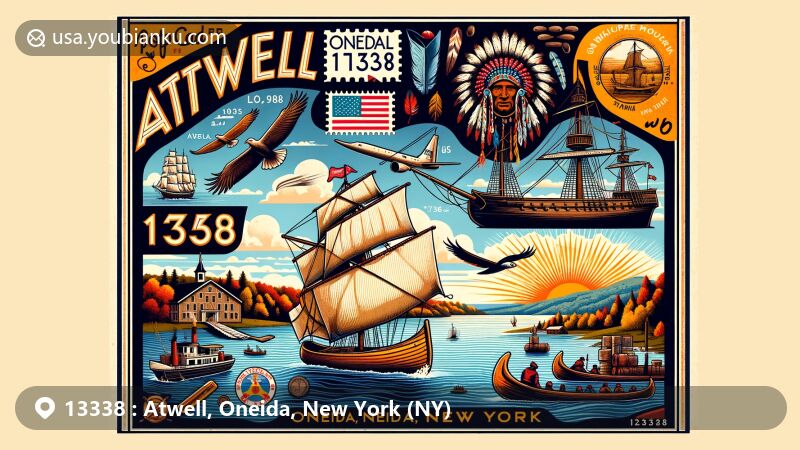 Modern illustration of Atwell area, Oneida County, New York, featuring iconic symbols of Oneida Indian Nation's culture and history, ZIP code 13338, and historical landmarks like Adirondack Mountains and Oneida Lake.