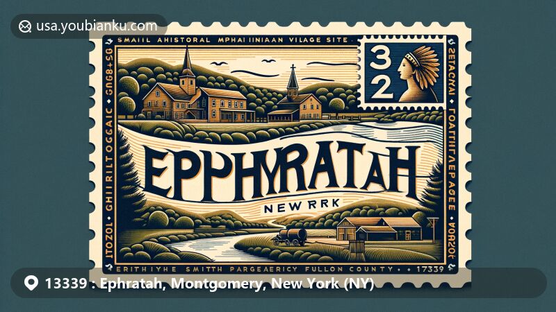 Modern illustration of Ephratah, New York, featuring vintage airmail envelope with rural landscape, Garoga Creek, and Smith Pagerie Site, showcasing town's cultural and historical significance.