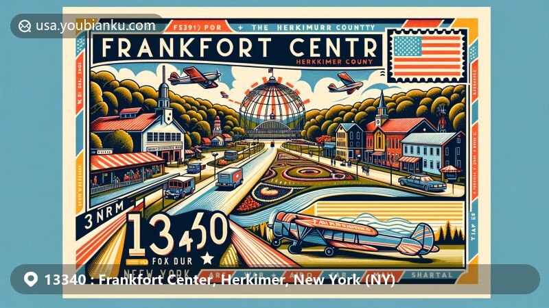 Modern illustration of Frankfort Center, Herkimer County, New York, highlighting Herkimer County Fairgrounds and Frankfort Gorge, featuring a stylized postal stamp with New York state flag and '13340' ZIP code, paying homage to the village's Italian heritage.