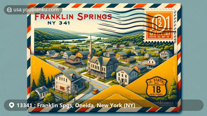 现代插画展示了纽约州奥奈达县Franklin Springs小镇，呈现了一个风景如画的小镇鸟瞰图，突出了其与邮政系统的联系。图中有一个复古风格邮件信封，展示了特色元素如“Franklin Springs, NY 13341”邮戳，纽约州12B号公路标志，红色邮筒和复古邮政车。