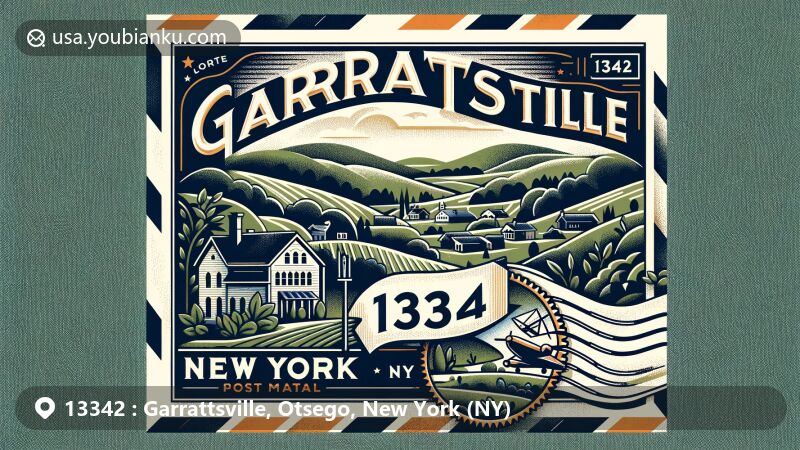 Modern illustration of Garrattsville, Otsego County, New York, highlighting outdoor activities such as hiking and biking, set in a tranquil setting. The design resembles an air mail envelope with postal elements, featuring a vintage postage stamp corner showcasing the New York state flag and '13342' ZIP code.