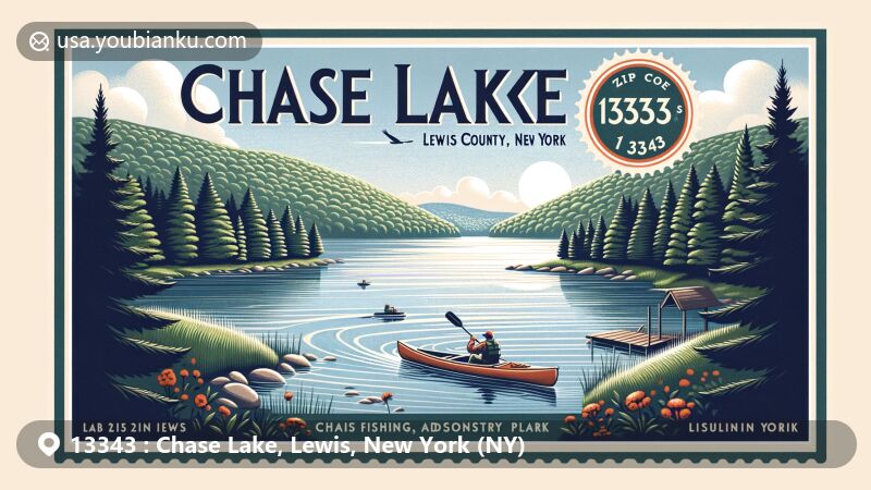 Modern illustration of Chase Lake, Lewis County, New York, showcasing natural beauty and popular activities like kayaking, fishing, and cross-country skiing in Adirondack Park, with a stylized postcard design including ZIP code 13343.