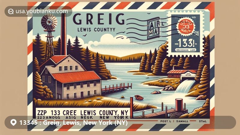 Modern illustration of Greig, Lewis County, New York, highlighting postal theme with ZIP code 13345, featuring Brantingham Lake, town's historical significance, and vintage postcard elements.