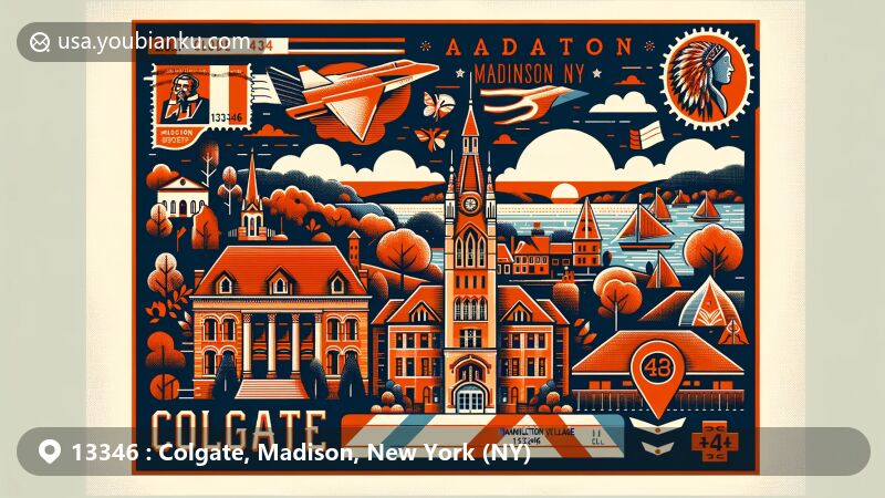 Modern illustration of Colgate in Madison County, New York, capturing education and culture, featuring Colgate University, Hamilton Village landmarks, and Oneida Indian Nation symbols.