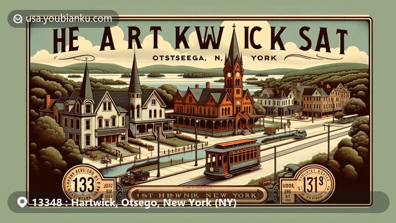 Modern illustration of Hartwick Historic District, Otsego County, NY, capturing late Victorian and early 20th-century architecture with iconic landmarks like First Baptist Church, Lutheran Church, and Methodist Church, set against lush landscapes of Otsego Creek and Susquehanna River.
