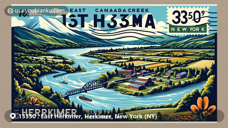 Modern illustration of East Herkimer, Herkimer, New York, postcard theme showcasing ZIP code 13350, featuring West Canada Creek, Mohawk River, and Herkimer's countryside landscape.