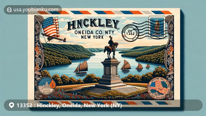 Modern illustration of Hinckley area, Oneida County, New York, featuring scenic Hinckley Reservoir and historical elements like Baron Steuben's tomb, framed with vintage airmail envelope highlighting ZIP code 13352.