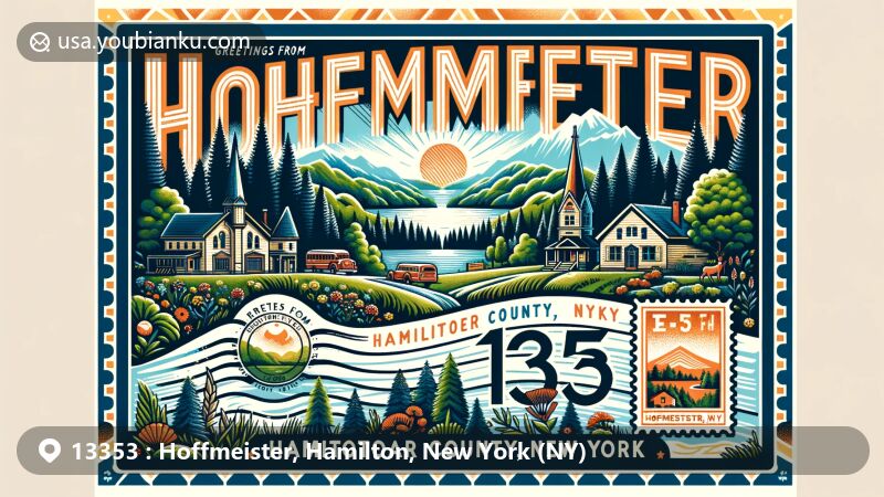 Modern illustration of Hoffmeister, Hamilton County, New York, showcasing natural beauty of the Adirondack Mountains with dense forests, wildlife, and serene landscapes, featuring ZIP code 13353 in a creative design.