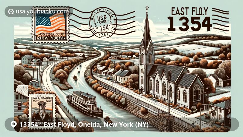 Modern illustration of East Floyd, Oneida County, New York, highlighting Erie Canal, Camroden Presbyterian Church, and rolling hills, with postal theme including postal markings.
