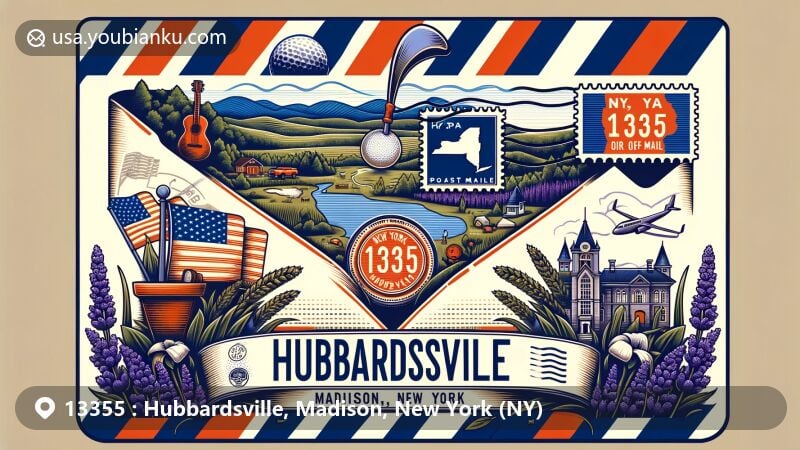 Modern illustration of Hubbardsville, Madison, New York (NY) with ZIP code 13355, featuring vintage air mail envelope, New York state flag, and local landmarks like Wolf Mountain Nature Center, Seven Oaks Golf Club, and Hillcrest Lavender Farm.