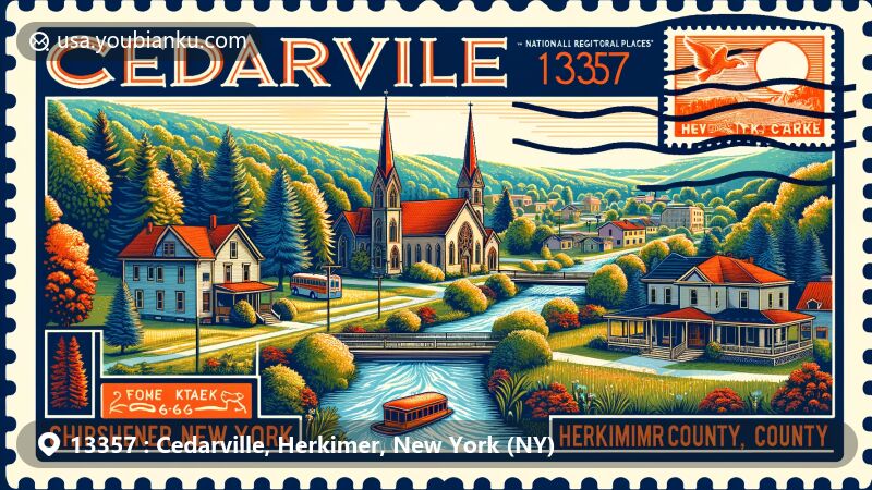 Modern illustration of Cedarville, Herkimer County, New York, featuring postal theme with ZIP code 13357, showcasing National Register of Historic Places landmarks, vintage postcard design, New York state flag stamp, and Steele Creek flowing through the town.
