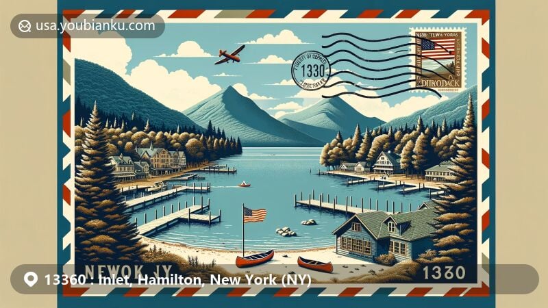 Modern illustration of Inlet, Hamilton County, New York, depicting postal theme with ZIP code 13360, featuring Fourth Lake and Adirondack Mountains, showcasing natural beauty and recreational activities like boating and hiking.
