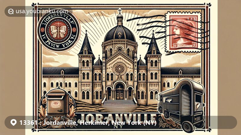 Modern illustration of Holy Trinity Monastery in Jordanville, New York, with vintage postcard and stamp-style elements, showcasing postal symbols and text '13361' and 'Jordanville, NY'.