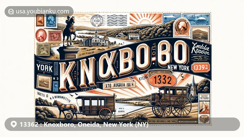 Modern illustration of Knoxboro, New York, showcasing rural charm and historical elements of Oneida County with vintage postcard-like design featuring ZIP code 13362, stamps, postmark, antique mail carriage, Town of Augusta outline, New York state flag, and countryside landscape. Perfect for website use.