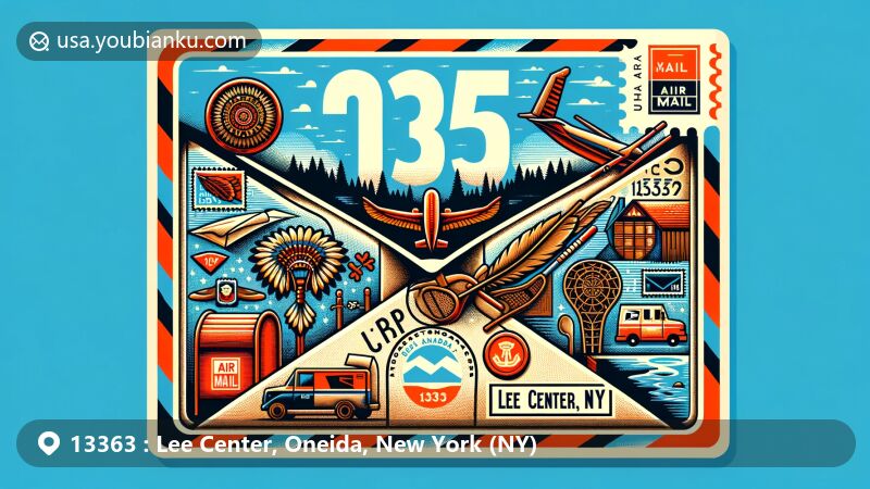 Modern illustration of Lee Center, Oneida County, New York, depicting an air mail envelope with cultural symbols of the Oneida Indian Nation, including a lacrosse stick, and Canada Creek. Stamp shows '13363' and 'Lee Center, NY'. Postmark, mailbox, and postal van included, highlighting postal heritage and local culture.