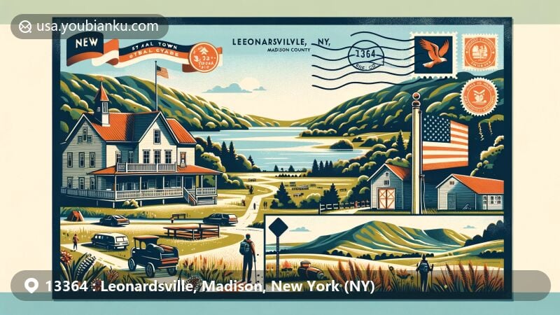 Modern illustration of Leonardsville, NY, featuring scenic rolling hills and lush natural landscapes, integrating outdoor activities with highlights like Eagle Lake Trailhead. Postal theme with stamp, postmark, and ZIP code '13364' showcased, along with New York state symbols like state flag and Madison County's geographical outline.