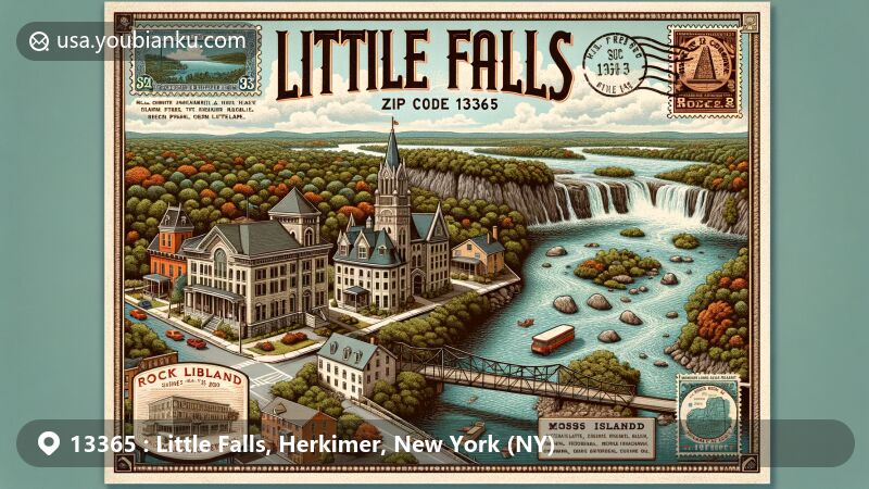 Modern illustration of Little Falls, New York, showcasing postal theme with ZIP code 13365, featuring Little Falls Historic District, architectural styles like Italianate, Federal, Greek Revival, and more. Includes Masonic Temple, East Park Elementary School, and Moss Island.