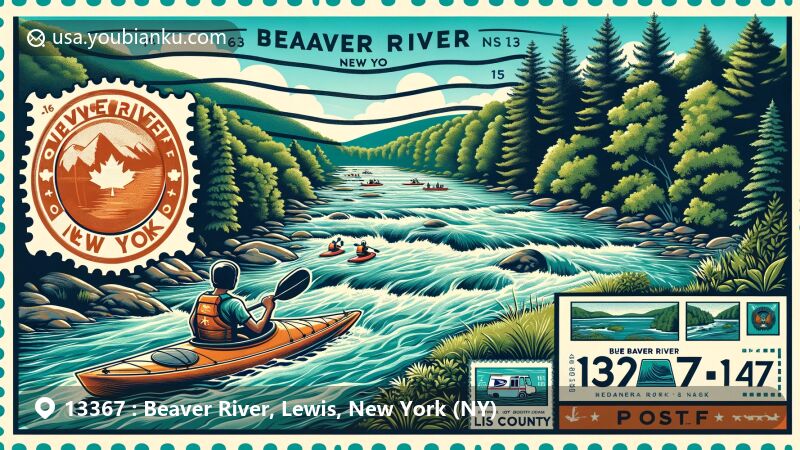 Modern illustration of Beaver River area in Lewis County, New York, showcasing natural beauty and recreational activities such as whitewater kayaking, set against lush greenery of Adirondack Mountains, featuring vintage postcard layout with stamp displaying Beaver River image and ZIP code 13367, with postal delivery vehicle or mailbox imagery.