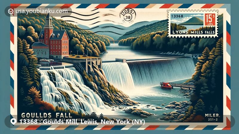 现代插画风格的插图，展示纽约州刘易斯县13368邮政编码的Goulds Mill地区，重点描绘了黑河上的70英尺Lyons瀑布和Moose River上的Goulds Mills瀑布，背景是阿迪朗达克山脉。融合了瀑布图像的邮票、13368 Goulds Mill, NY邮戳的复古航空邮件信封和红蓝航空邮件边框。展现自然美景与邮政遗产结合的创意设计。