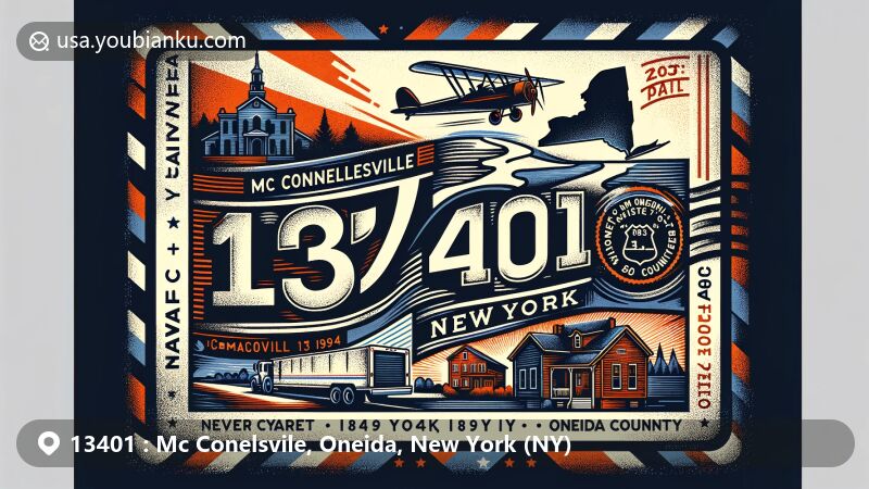 Modern illustration of Mc Connellsville, Oneida County, New York, featuring postal theme with ZIP code 13401, highlighting historical post office symbols and New York State Route 13.