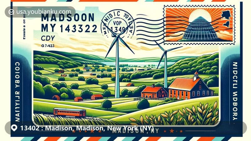 Modern illustration of Madison, New York, showcasing rural charm and natural beauty with rolling hills, green landscapes, and the Madison Wind Farm, featuring ZIP code 13402 and postal elements.