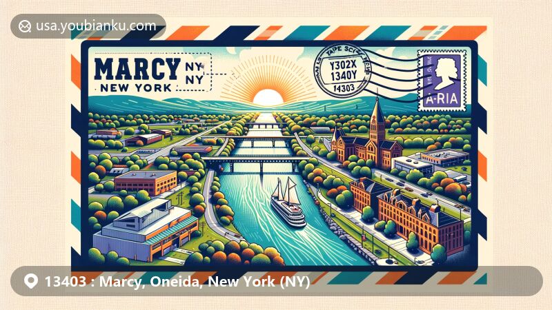 Modern illustration of Marcy, New York, Oneida County, with postal theme emphasizing ZIP code 13403, showcasing SUNY Polytechnic Institute's educational significance and Erie Canal's geographical feature, set in a vibrant color scheme reflecting the community's vitality.