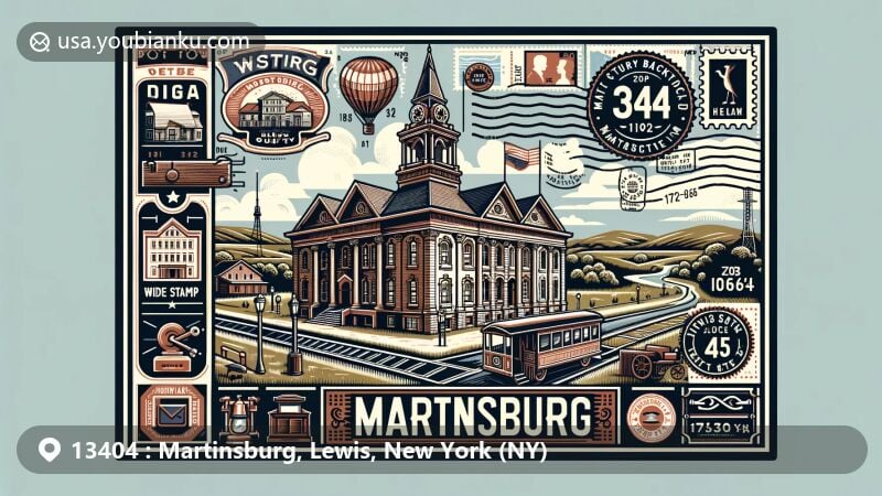 Modern illustration of Martinsburg, NY, showcasing iconic Martinsburg Town Hall, Federal and Italianate architectural styles, Black River, and Tug Hill Plateau, merged with vintage postal elements like postcard layout and postal stamp with ZIP code 13404.