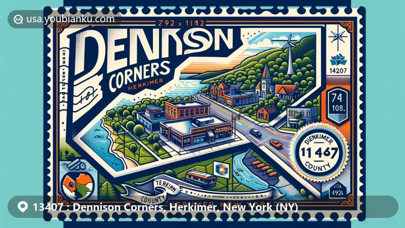 Modern illustration of Dennison Corners, Herkimer County, New York, showcasing postal theme with ZIP code 13407, featuring New York State outline, Herkimer County shape, and local landmarks.