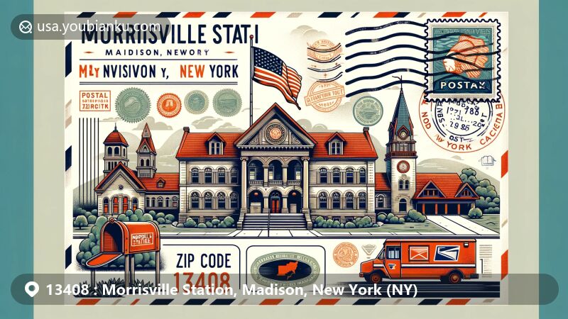 Modern illustration of Morrisville Station, Madison County, New York, capturing postal theme with ZIP code 13408, showcasing Morrisville State College and Old Madison County Courthouse.