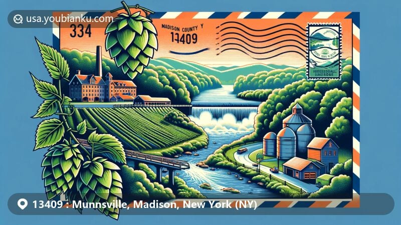 Modern illustration of Munnsville, New York, showcasing postal theme with ZIP code 13409, featuring Madison County hop heritage, hop farms, historic hop kilns, and Stockbridge Falls.